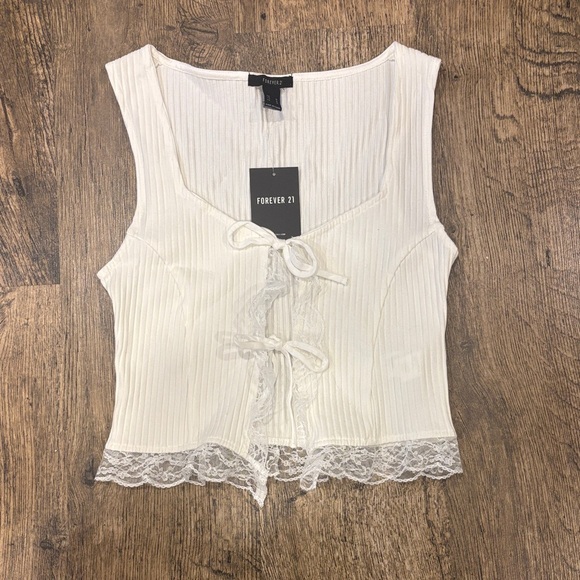 Forever 21 Cream Lace-Trimmed Tie-Front Top - Picture 1 of 8